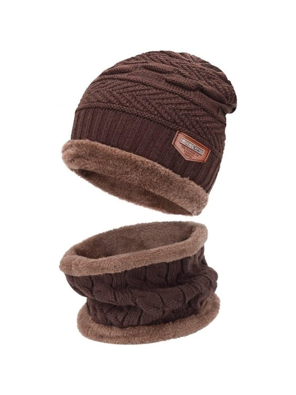🆕 Men Brown Fleece Lined Winter Cap Beanie Scarf Set Knit Neck Warmer Nice Hat